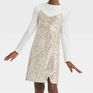 Girls Size 10/12 Art Class Sequin Sparkle Neutral Cream Beige Dress with Shirt